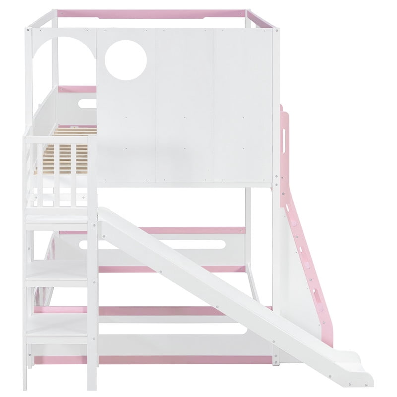 Full Size Versatile Kids Loft/Bunk Bed with Floor Bed, House Bed Frame with Slide, Storage Shelves and Guardrails