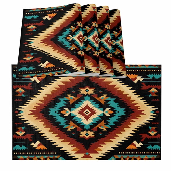 Boho Orange Teal Placemats for Dinning Table Set of 4, Southwestern Abstract Geometric Ethnic Burlap Kitchen Place Mats Waterproof Cloth Table Mats, Indoor Outdoor Placemats Easy Clean Dinner Decor