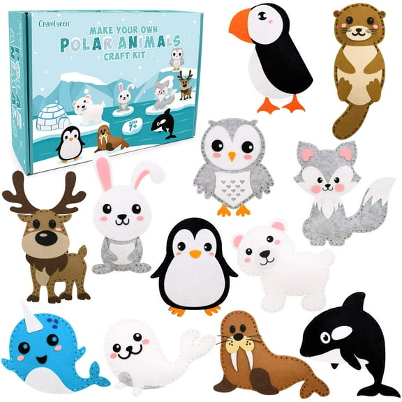 Polar Animals Sewing Kit for Kids Make Your Own Winter Polar Animals Felt Plush Craft Kit Includes 14 Creative Projects to Sewing Beginners Fun DIY Educational Gift for Boys and Girls