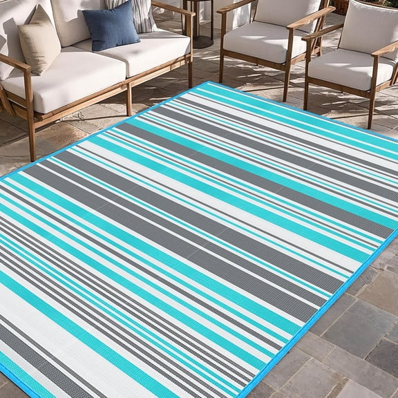 RLESO Outdoor Patio Plastic Rug Waterproof - Outdoor Rugs for Camper Outside, Rv, Porch Deck Rug , Area Carpet for Outside, Balcony, Patio Decor, Blue & Grey, 4X6 Ft