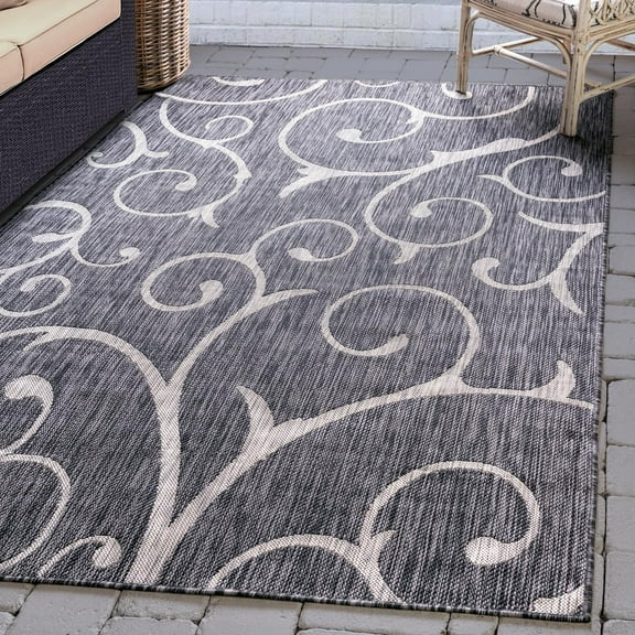 Unique Loom Outdoor Botanical Collection Area Rug - Curl (9' x 12' 2" Rectangle Charcoal Gray/Gray)
