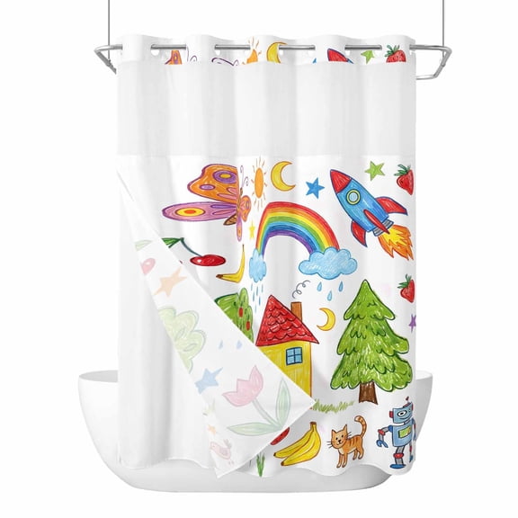 No Hook Children's Day Shower Curtain with Snap in Liner Set, Cartoon Painting Rainbow Rocket Butterfly Waterproof Fabric Bathroom Curtains with See Through Top Window, Hotel Style Stall 48 x 72 Inch