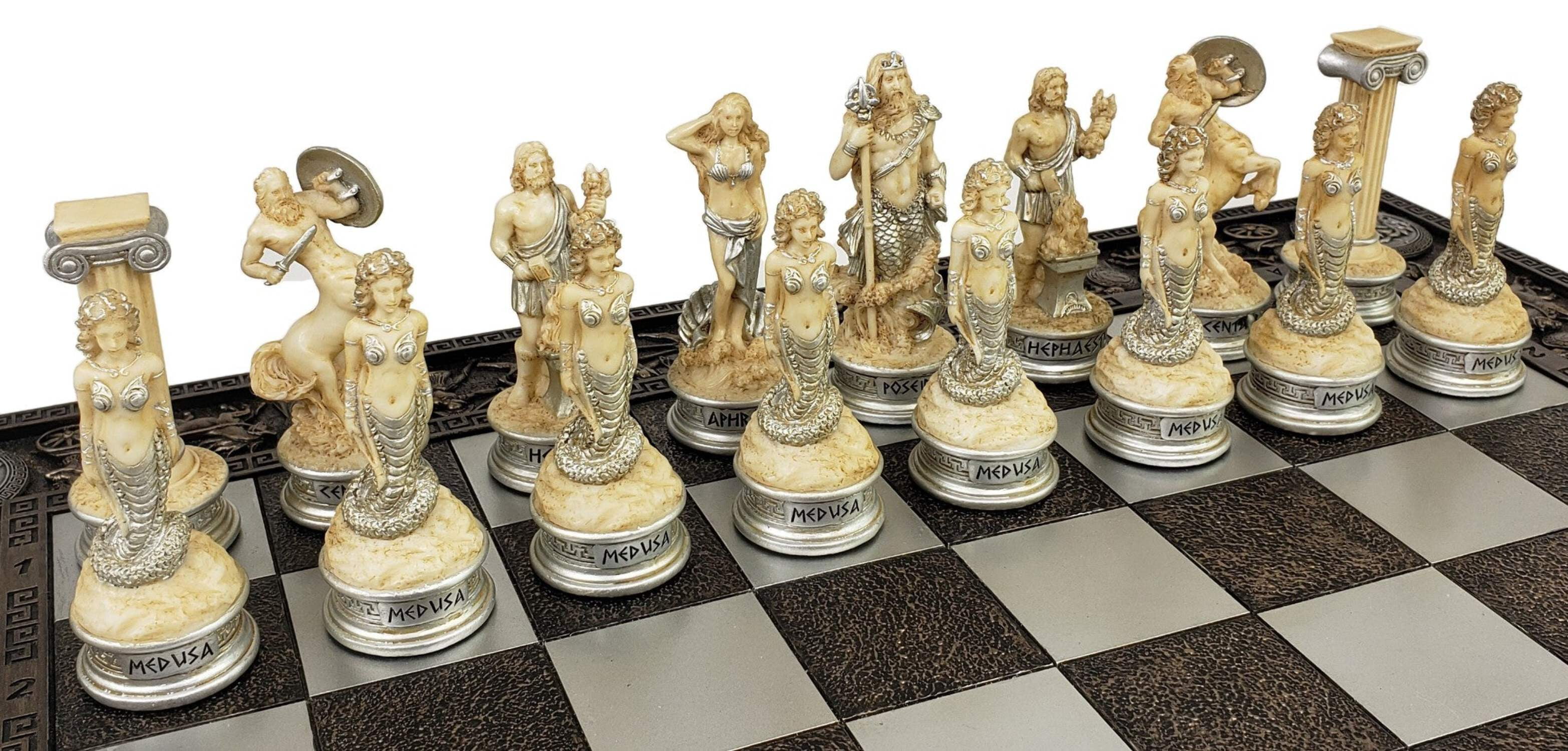 Greek Mythology Olympus Gods Chess Set Antique White  Gold W 17" Greek Board