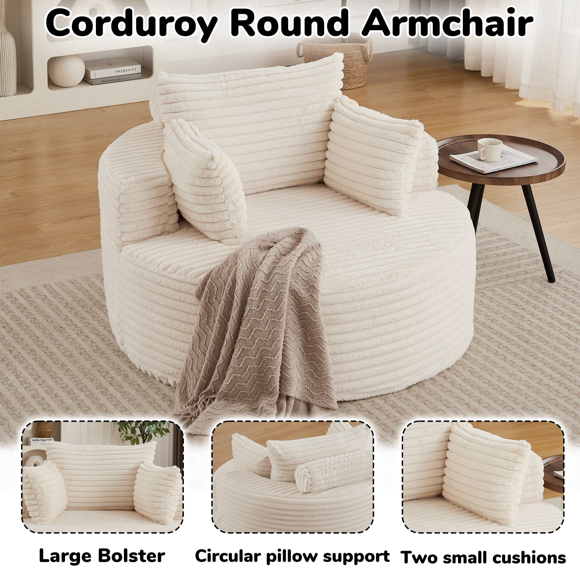 Sailvan 50" Corduroy Single Sofa, No Assembly Modern Sleeper Chair, Fluffy Cloud Lounge Recliner for Living Room and Bedroom, Grey Beige