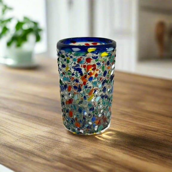 Confetti Pebbled Glass | Blue Rim Hand-Blown Mexican Tumbler (1Piece)