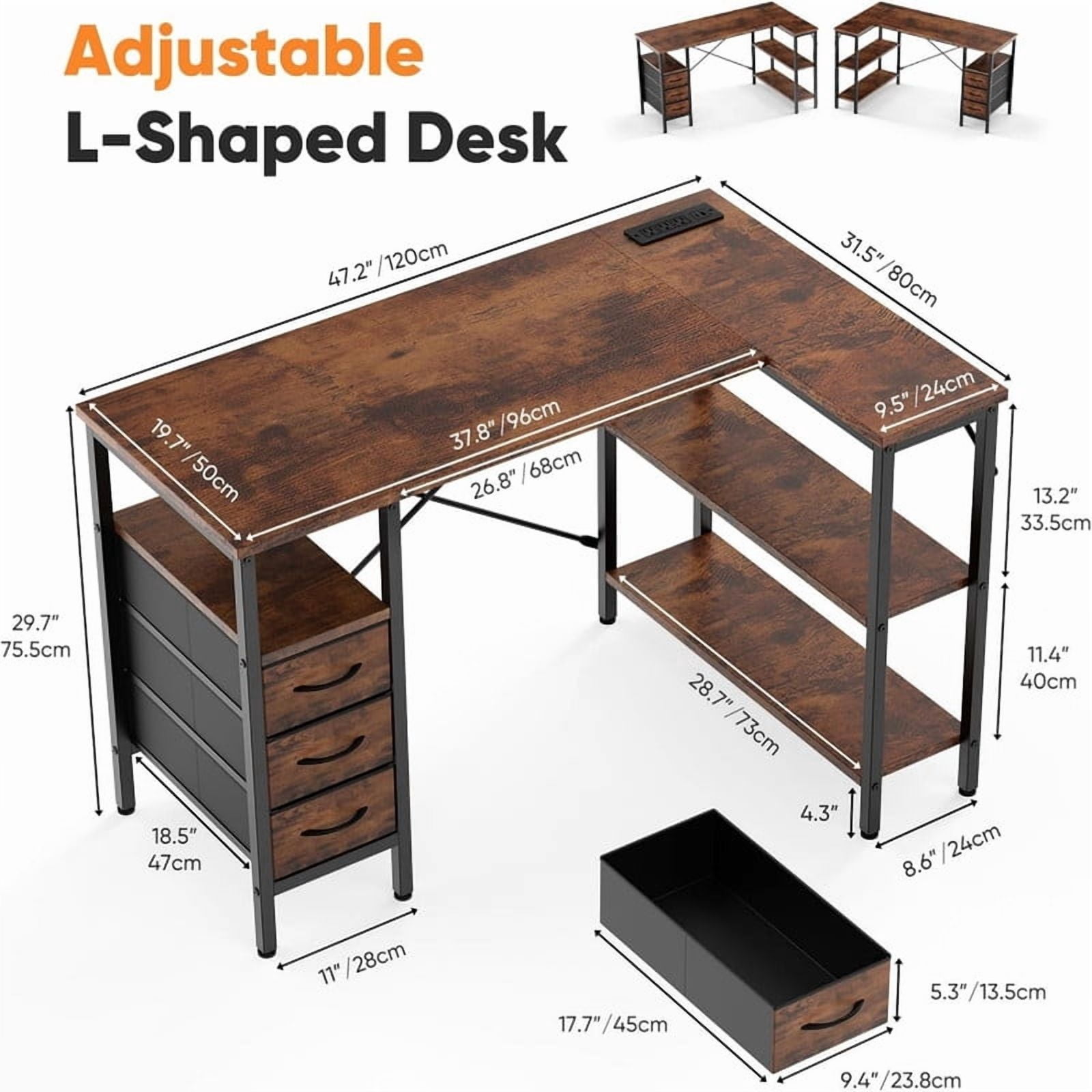 Kelno 47 Inch L Shaped Computer Desk with Power Outlets Adjustable Shelf 3 Fabric Drawer,Rustic Brown