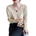 thumbnail image 2 of Suéter de punto holgado, ligero e informal de principios de otoño, color avena, talla única, cuello en V, manga larga para mujer, 2 of 8