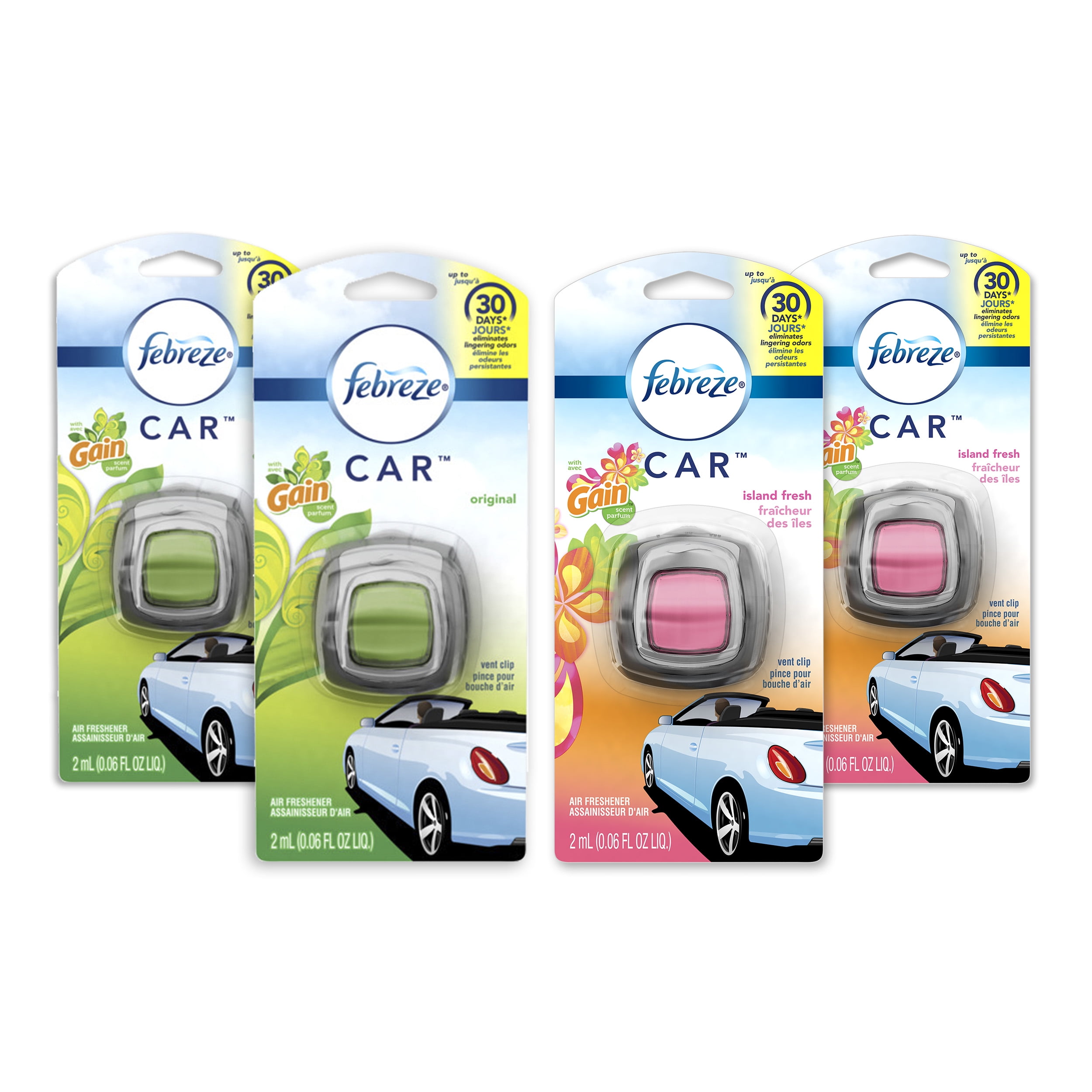 Febreze Car Air Freshener, 2 Gain Original and 2 Gain Island Fresh scents (4 count, .06 fl oz