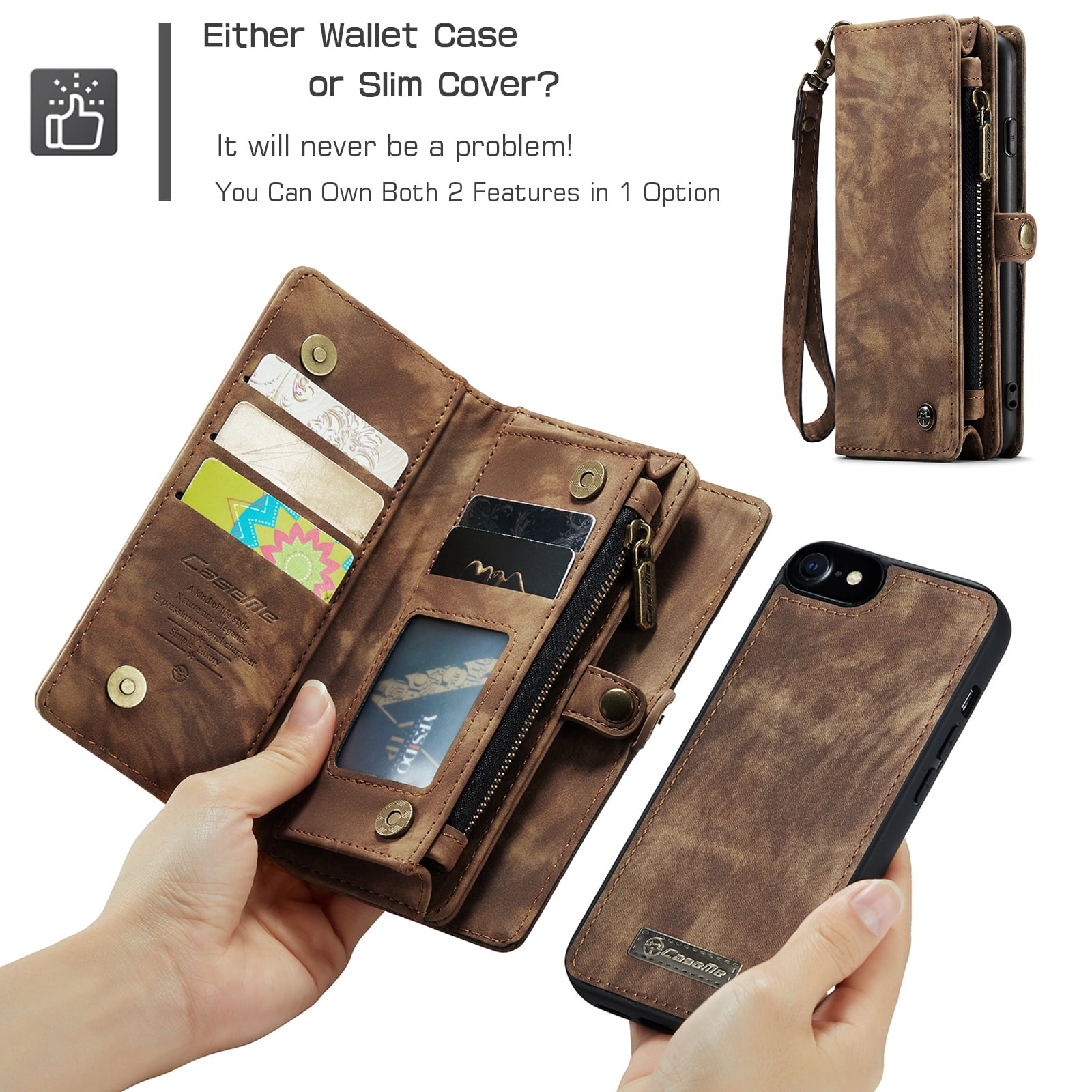 Feishell Durable 2-In-1 Magnetic Detachable Wallet Case for iPhone 7/8/SE 2020/SE 2022,for Women Men,Premium PU Leather Zipper Pocket Flip Multi Card Slots Purse Phone Case with Wrist Strap,Darkbrown