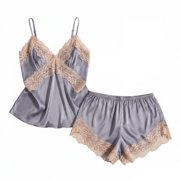 SwiftWear Women's Satin Pajamas Lace Chiffon Cami and Shorts PJ Set 2 Piece Spaghetti Straps V Neck Soft Loungewear
