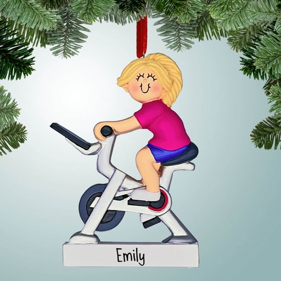 Personalized Stationary Bike - Female Blonde Christmas Ornament - Exercise - Favorite Gym - Training for a Triathlon
