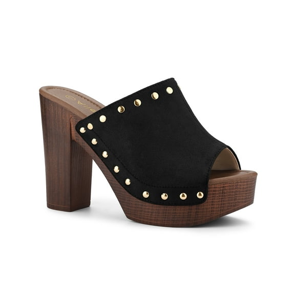 BLISSFUL STEP Women's Shoes Platform Chunky Heels Open Toe Rivet Faux Suede Slides Sandals Black 8.5