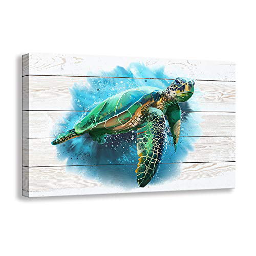 Kas Home Bathroom Canvas Wall Art Sea Turtle Decor Giclee Rustic Painting Ocean Beach - Turtle Wall Art For Bathroom