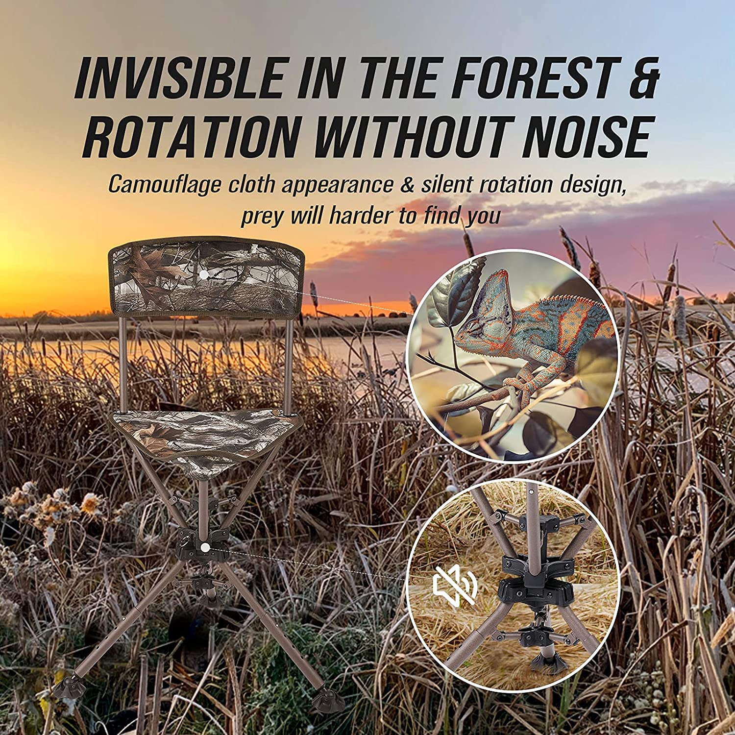 KEMIMOTO 360° Camo Tripod Swivel Hunting Chair w/ Backrest Blind Chair Height Adjustable Fishing Camping Stool Chair for Outdoor