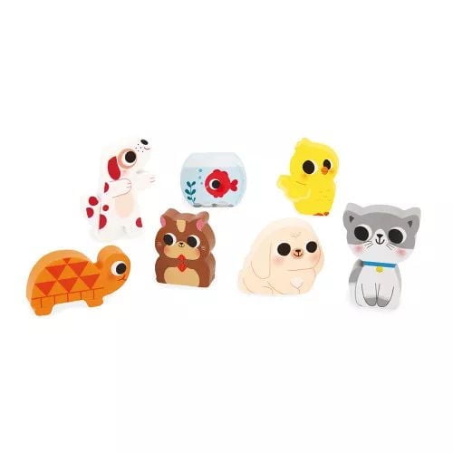 JANOD - Chunky Puzzle Les Animaux Familiers - Bois FSC - 7 pièces - Développement Motricité Fine,Concentration et Imagination - Dès 18 Mois
