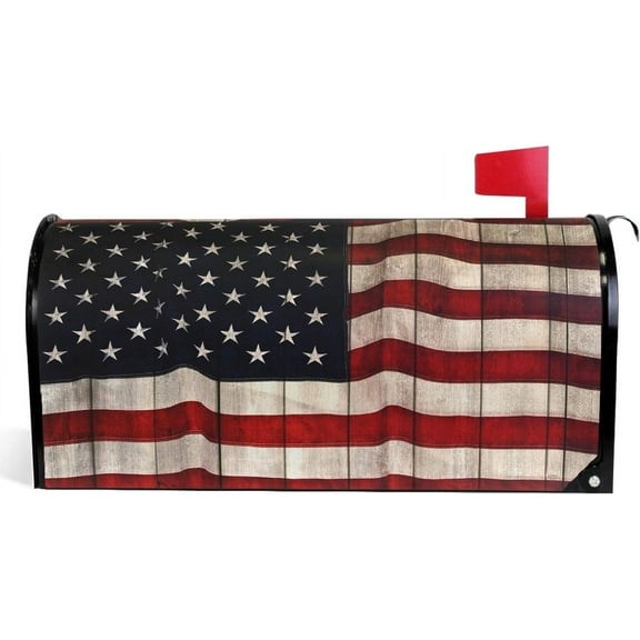 American Flag Mailbox Covers Magnetic Patriotic Memorial Day 4th of July Mailbox Cover Vintage Wood Board Mailbox Wraps Post Letter Box Cover Garden Decorative Standard Size 18" X 21"