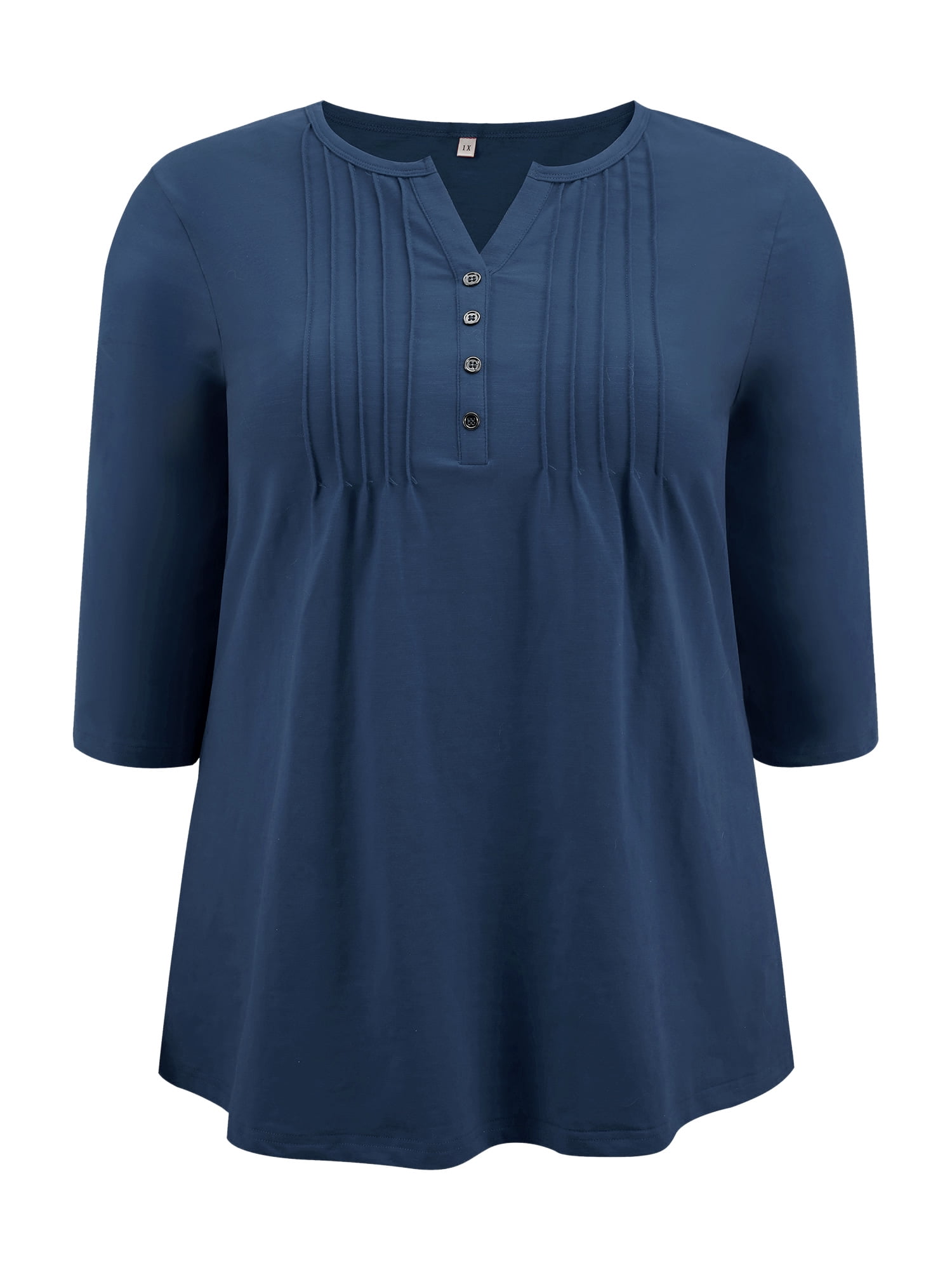Women's Plus Notched Neck 3/4 Sleeve Front Pleated Button Decor Blouses Dressy Casual 1X Navy Blue