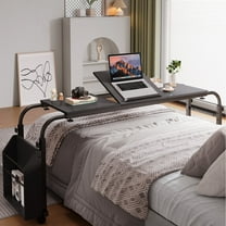 TLSUNNY Adjustable Overbed Table with Wheels, Height & Length Adjustable Laptop Cart w/ Tilt Stand, Side Storage Basket for King/Queen Beds