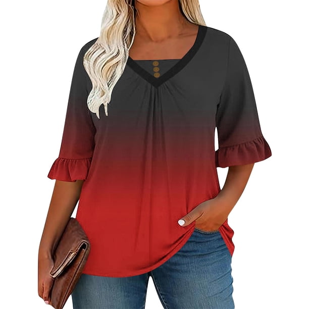 Camiseta de Manga Corta de Manga Larga de Manga Corta de las Mujeres Impresa con Cuello en V con Manga en el Pecho Plisada