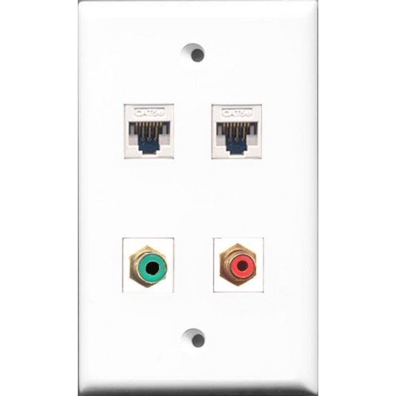 RiteAV - 1 Port RCA Red and 1 Port RCA Green 2 Port Cat5e Ethernet White Wall Plate