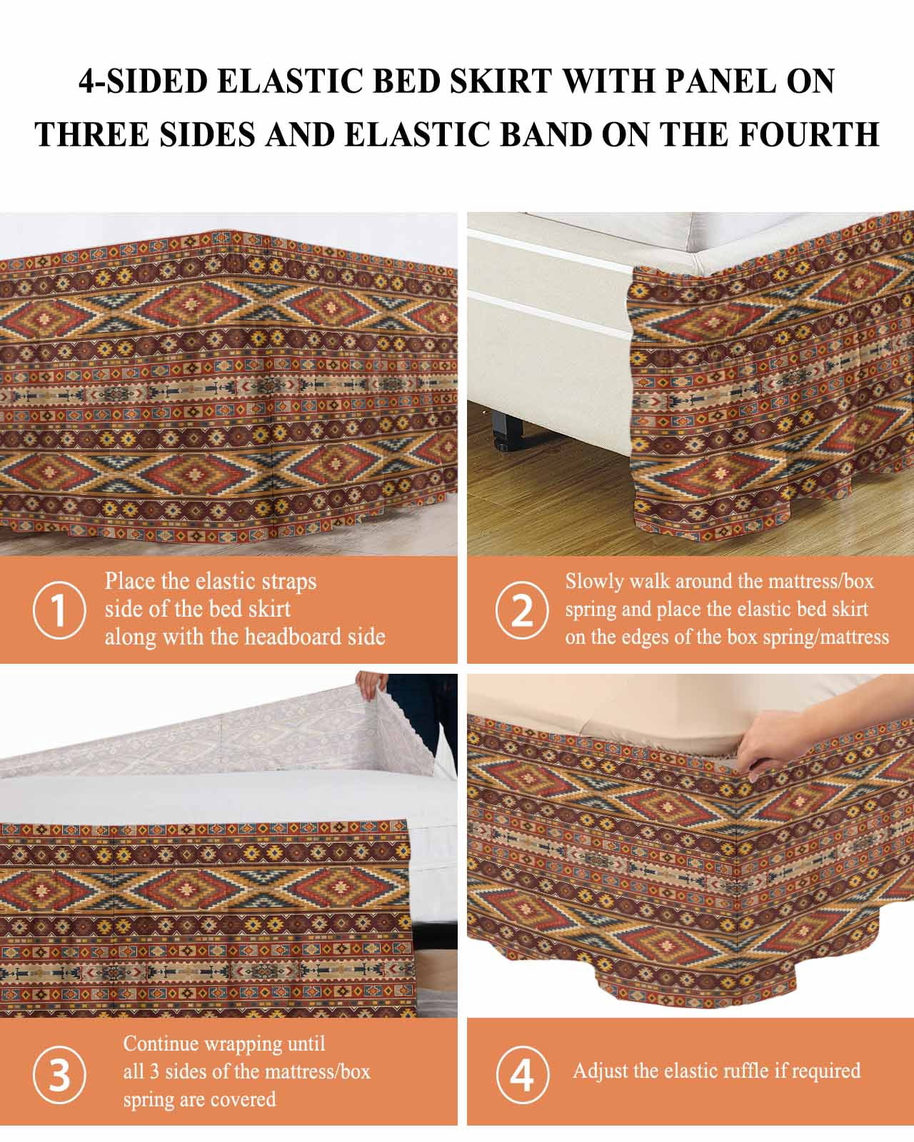 Brown Southwest Aztec Wrap Around Bed Skirts for Queen Bed 18" Drop,Bed Skirt with Adjustable Elastic Belt Dust Ruffle Bed Valance for Bedroom Hotel Luxury Farmhouse Vintage Geometric Bed Frame Cover