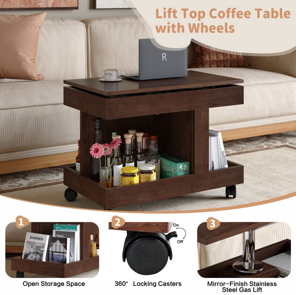 Small Coffee Table with Wheels, 360° Rotating Lift-Top Desktop, Rolling End Table with Storage Shelf, Mobile Bedside Table for Living Room & Bedroom, Walnut Brown