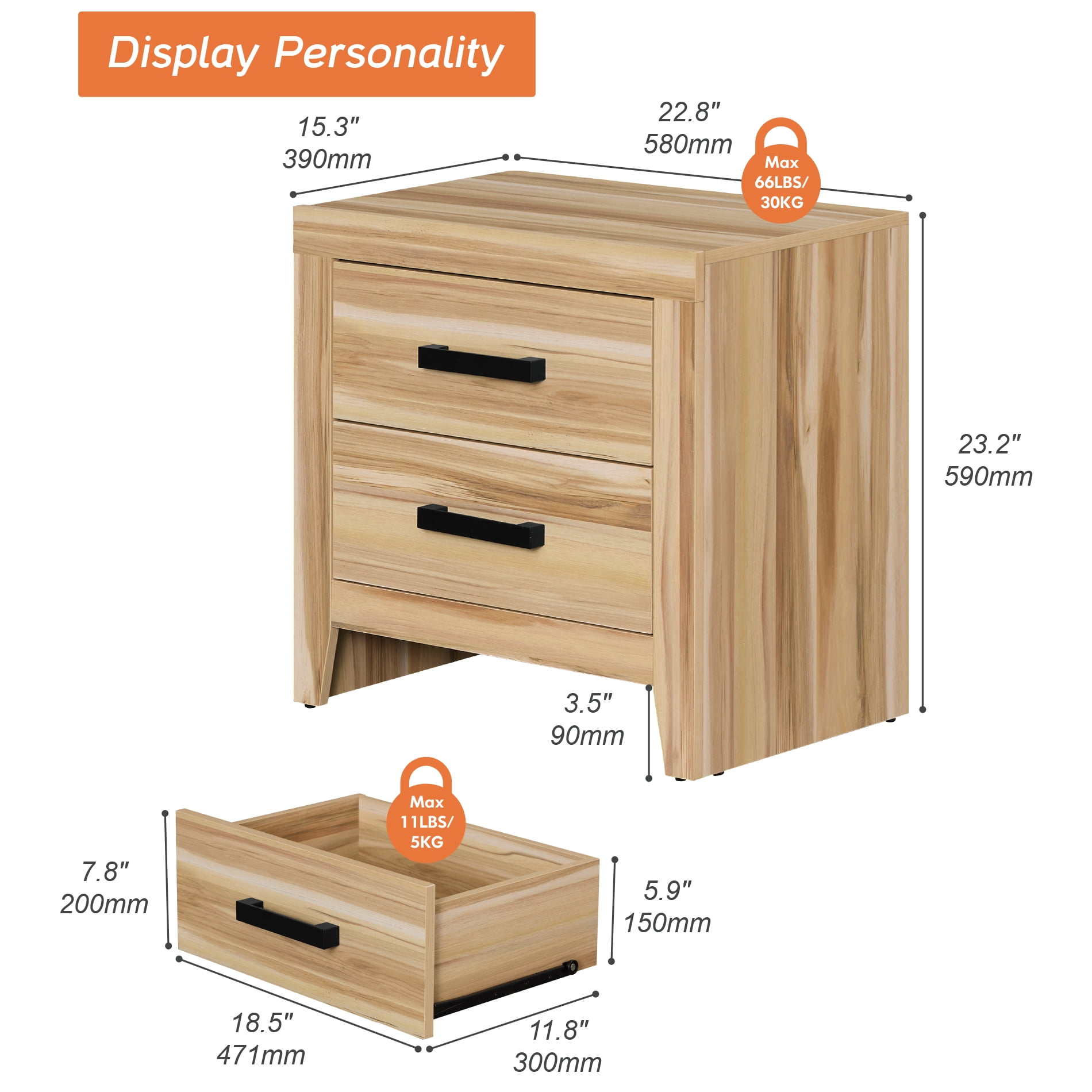 Farmhouse Rustic Wooden Nightstand With 2 Smooth‑Glide Storage Drawers,Solid‑Base Bedside End Table,Multi‑Purpose Accent Side Cabinet For Bedroom,Living‑Room,Two-Tone