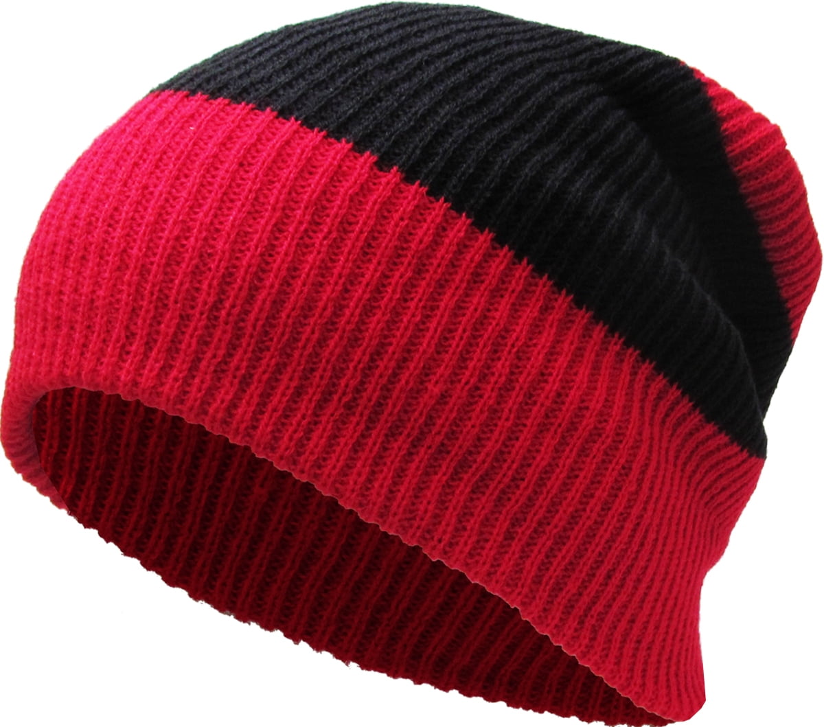 Tri Tone Ribbed Knit Slouchy Beanie Baggy Style Skull Cap Winter Unisex Ski Hat 