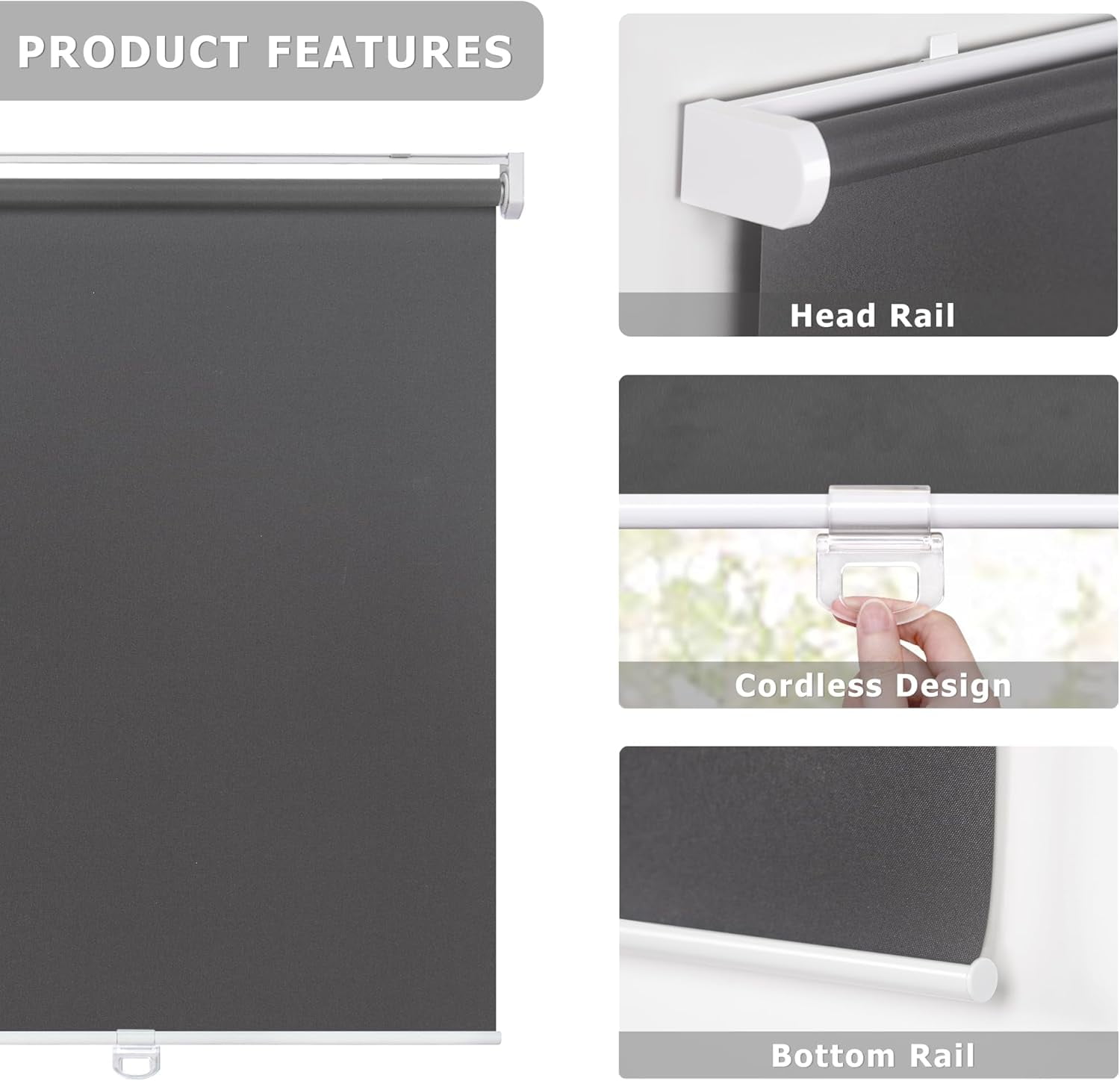 LazBlinds No Tools No Drill Cordless Roller Shades, Light Filtering Roller Blinds for Windows, Thermal Insulated UV Protection Roll Up Window Blinds and Shases, 31'' W x 72'' H, Grey