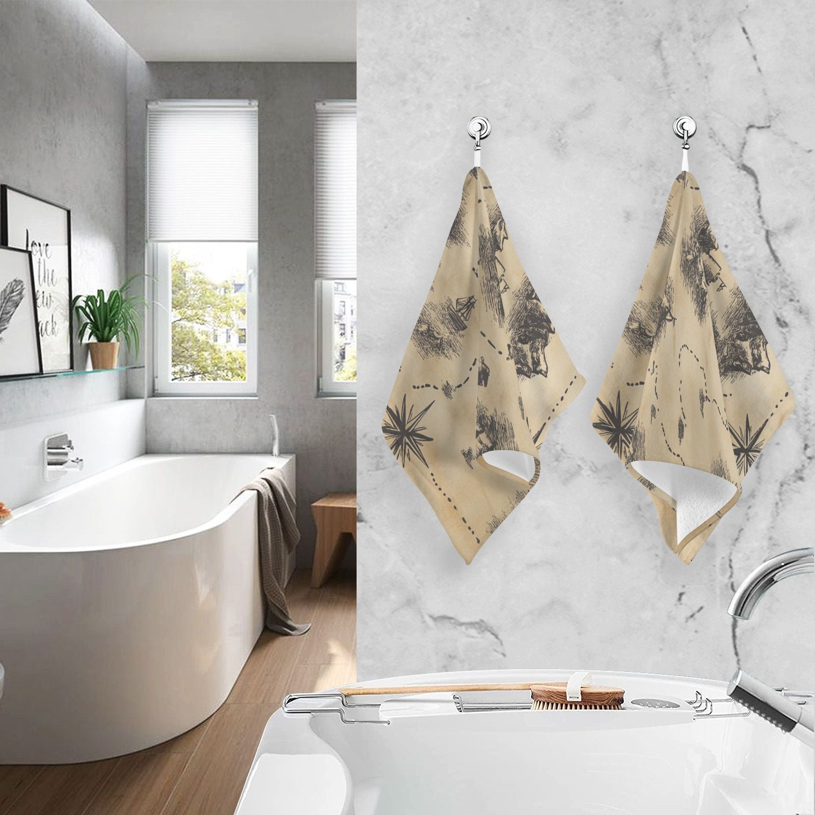 Treasure Map Hand Towels Cotton Bath Towels Large Face Towels Absorbent for Bathroom 2 Packs