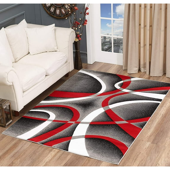 Modern Area Rug 5x7 Luxury Red Swirls, Hand Carved Contemporary Carpet, Elegant Texture - Perfect for Indoor Living Room and Bedroom Area
