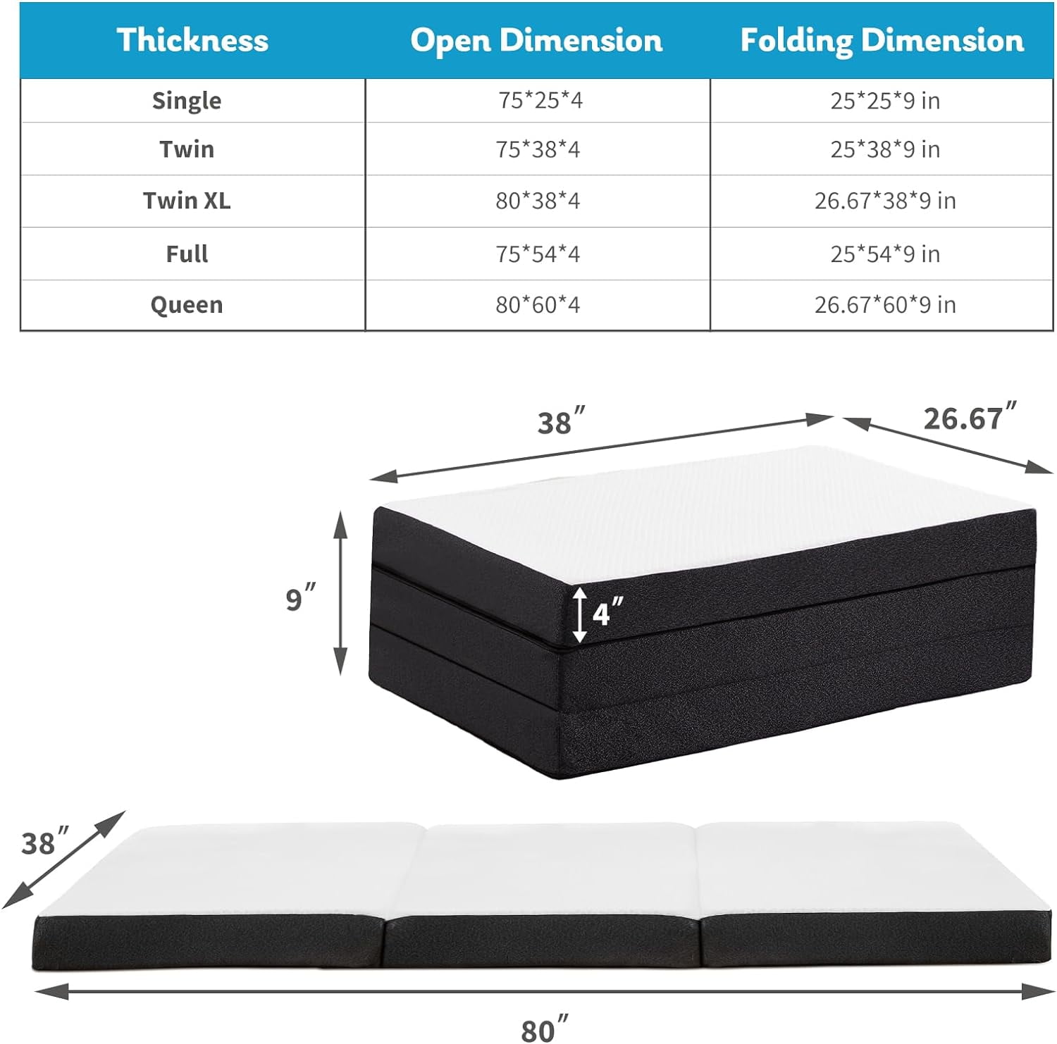 Aidoly 4 inch Tri-Fold Memory Foam Mattress, Portable Folding Bed with Removable Cover for Camping & Home Use, Twin Size