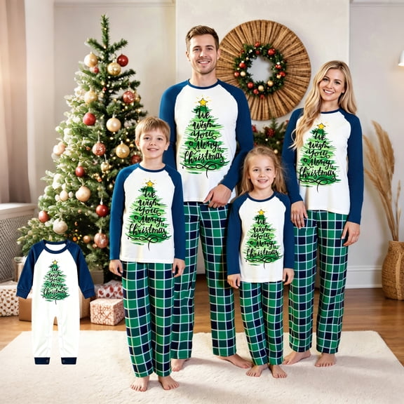 Stralyhd Family Matching Christmas Pajamas Set Cute Xmas Tree Print Long Sleeve Tops and Plaid Pants Matching Outfits for Holiday