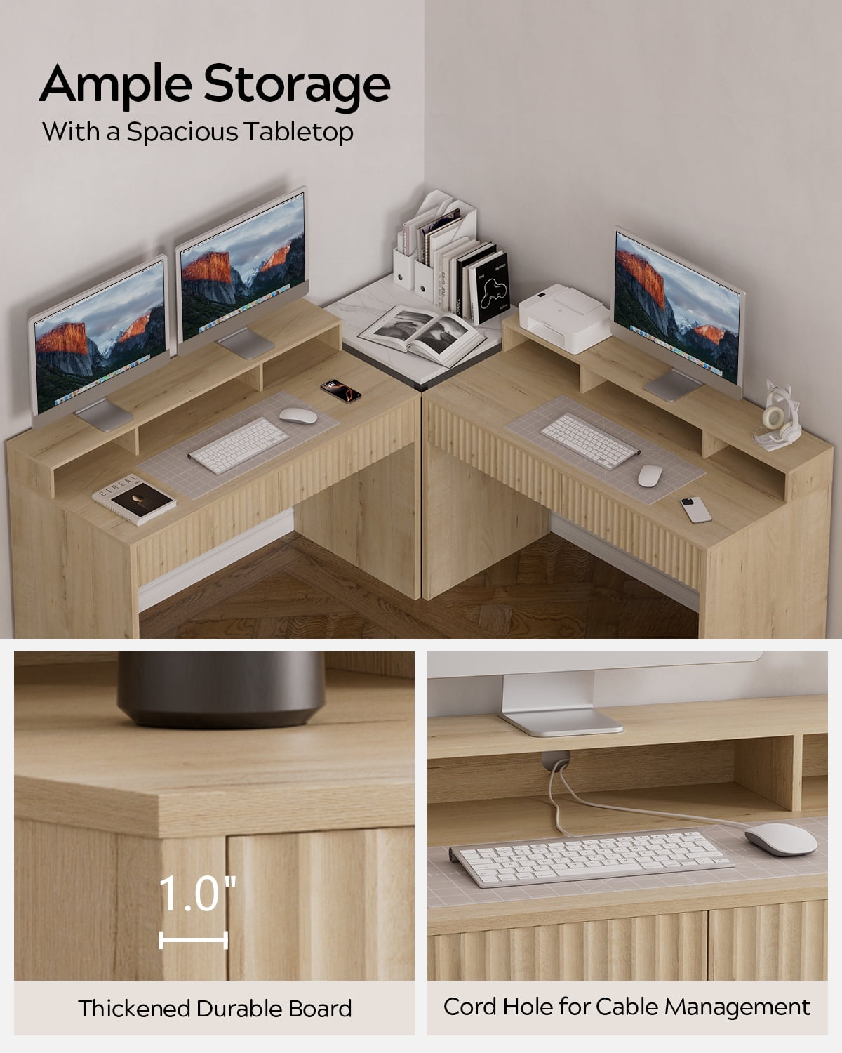 EYYTHUNG Fluted Executive Desk with Storage Shelf, 47" Modern Wood Home Office Desk with Long Monitor Stand & 2 Drawers, Writing Study Computer Table Vanity Desks, Light Oak