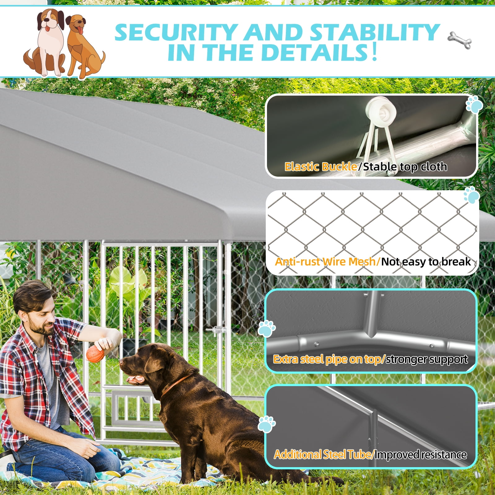 Erinnyees 15FT Outdoor Dog Kennel, Extra Large Dog House Pen Enclosure with Roof, Rotated Dog Bowls, Secure Lock, Wateproof Sunproof Cover