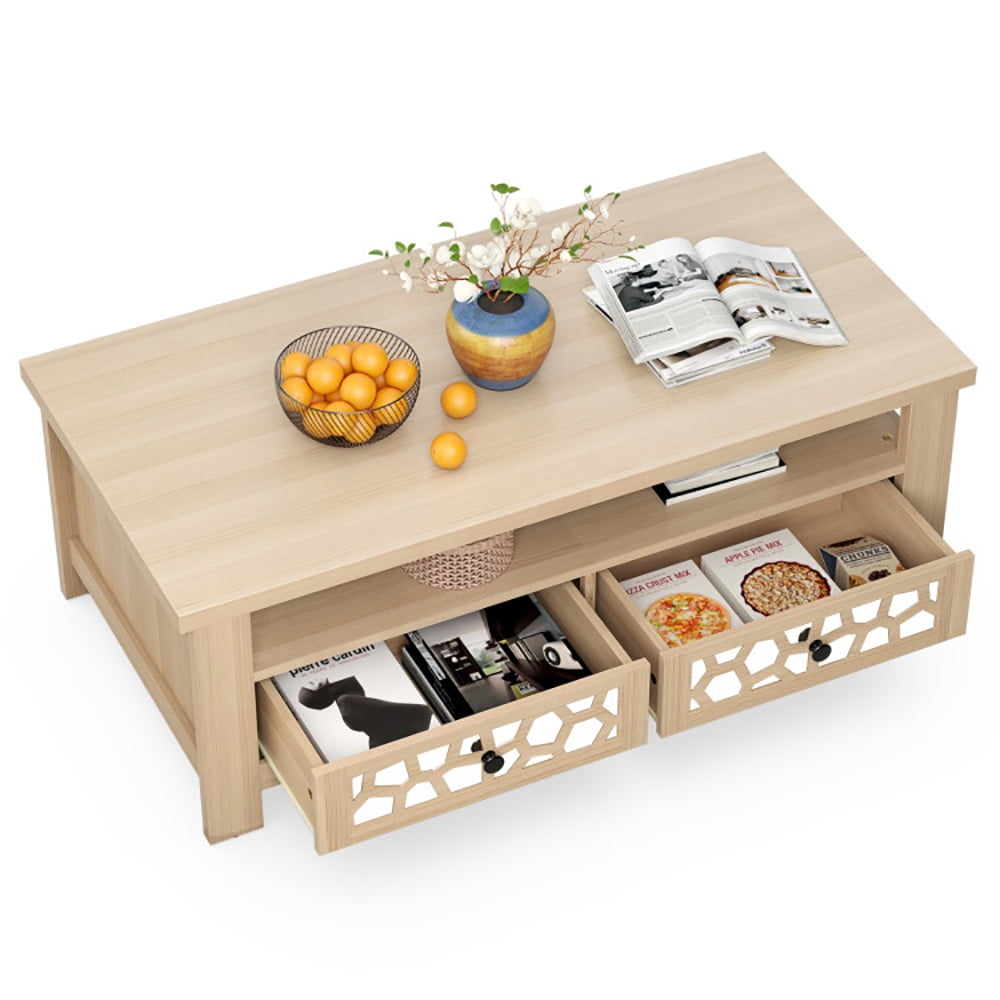Finihen Coffee Table, Rectangular Coffee Table, 3-tier Coffee Table with 2 Drawers and 5 Support Legs, for Living Room, Reception Room, Office, Natural Finihen Coffee Table, Rectangular Coffee Table, 3-tier Coffee Table with 2 Drawers and 5 Support Legs, for Living Room, Reception Room, Office, Natural