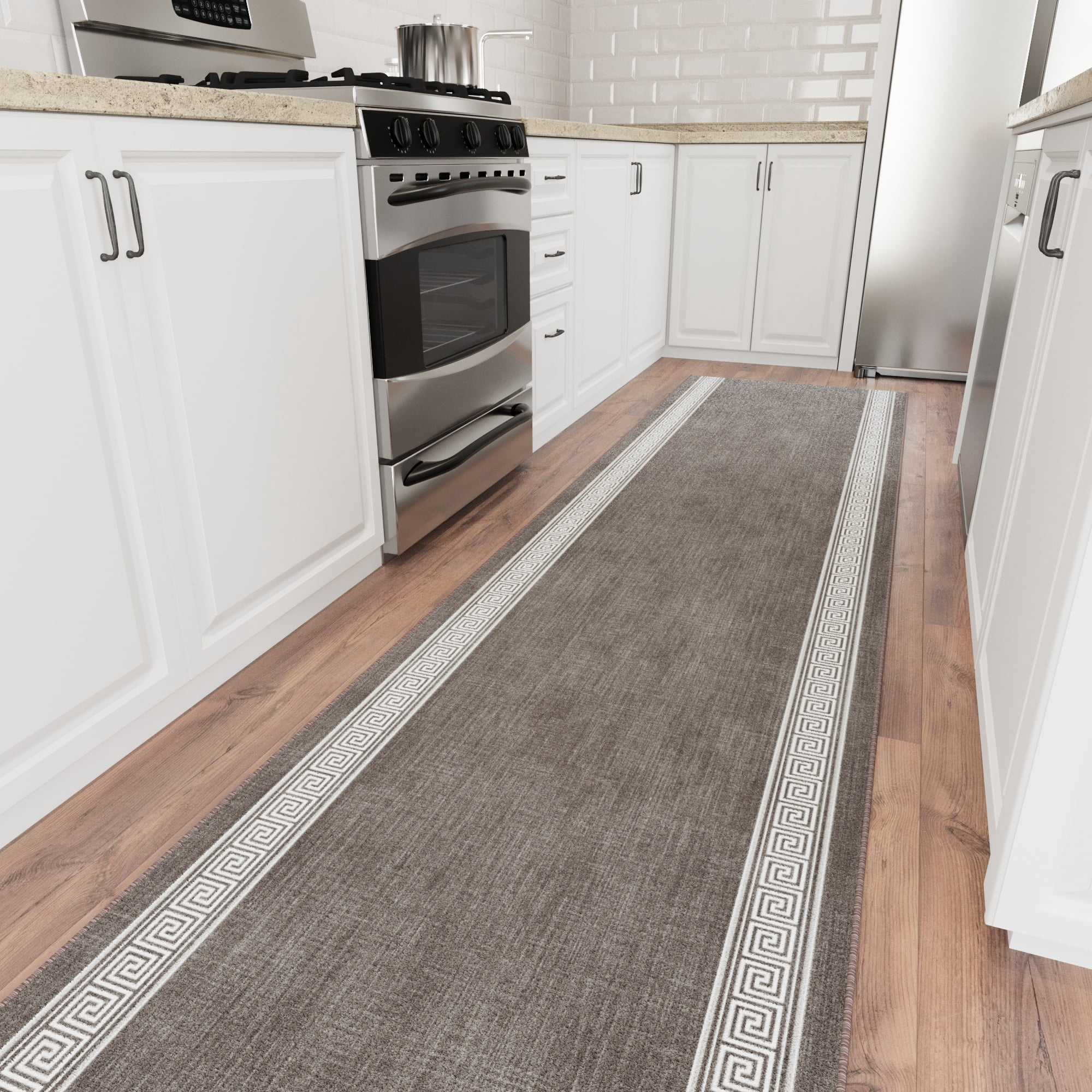 Ottomanson 3-Piece Kitchen Rug Set, Non-Slip Washable Hallway Runner & Floor Mat for Bathroom 22.5" x 36" + 22.5" x 48" + 22.5" x 60" Greek Border Brown