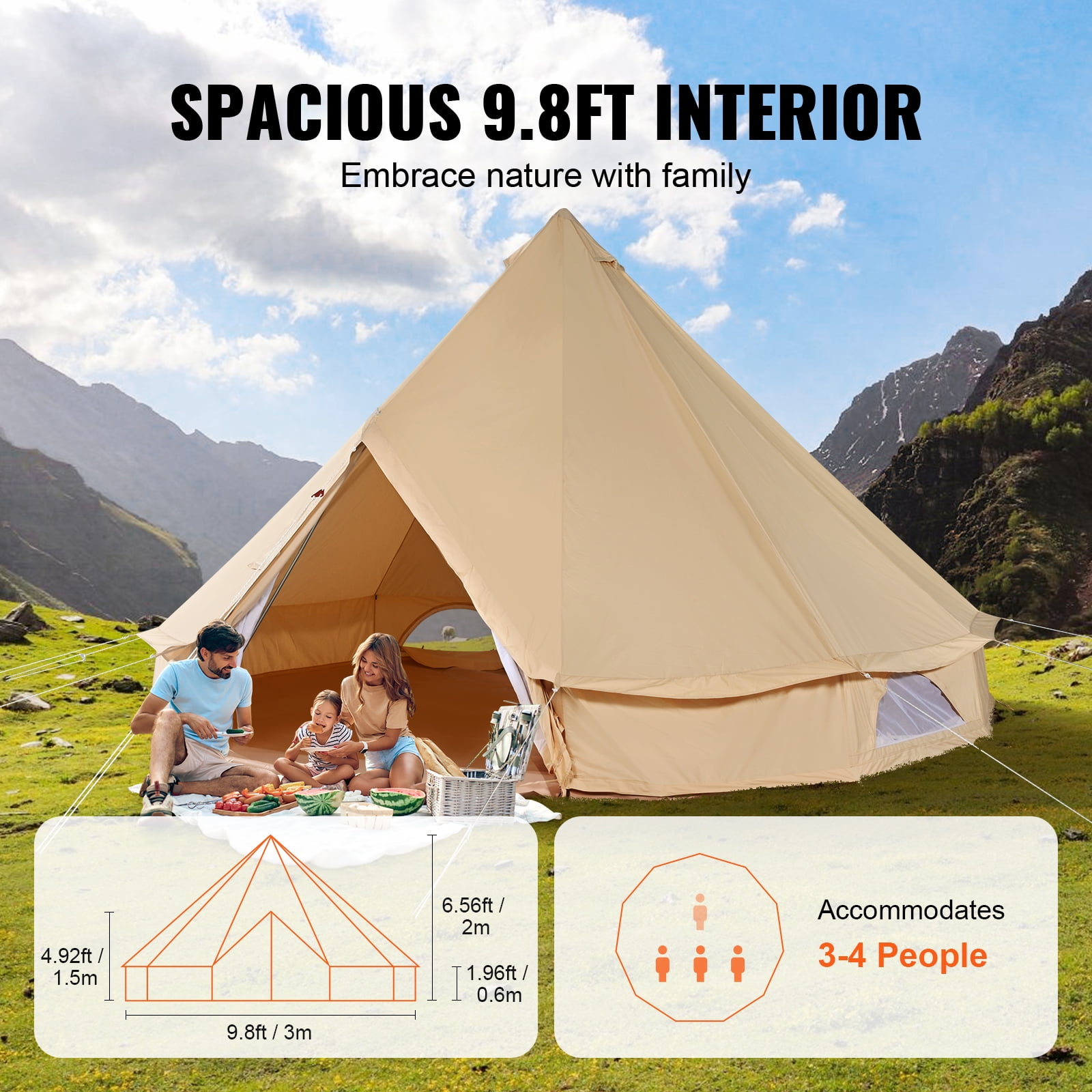KFFKFF Fabric Bell Shelter, Year-Round 3 m/9.8ft Nomadic Tent, Camping Canvas Tent with Chimney Hole, Ventilated Shelter Accommodates 4 Individuals, Outdoor Family Camping and Hunting Gathering