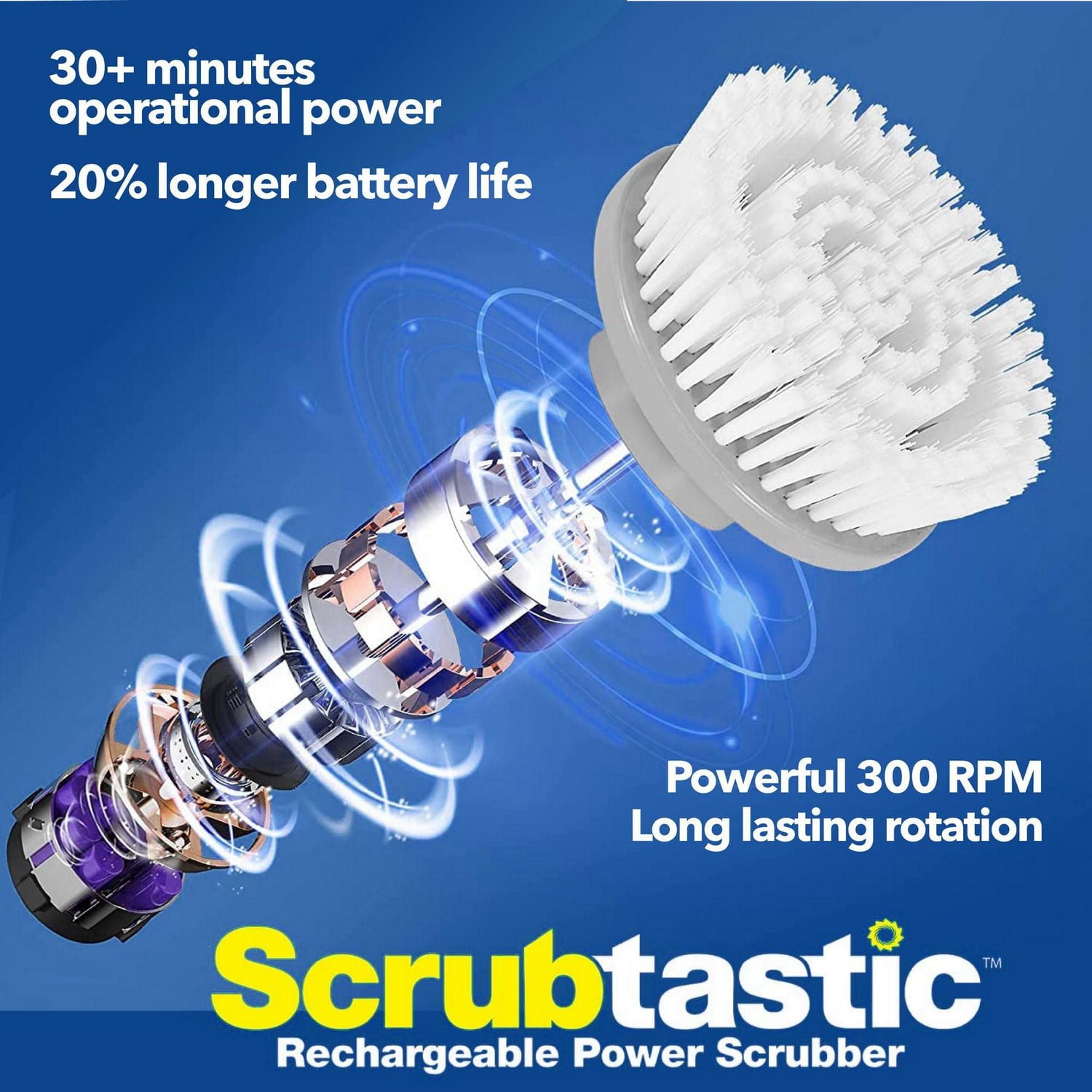 Bell + Howell Scrubtastic – Brosse Électrique Rechargeable avec Manche Télescopique et 3 Têtes de Brosse pour le Nettoyage de la Salle de Bain, des Carreaux et de la Cuisine – Sans Fil, 300 T/M