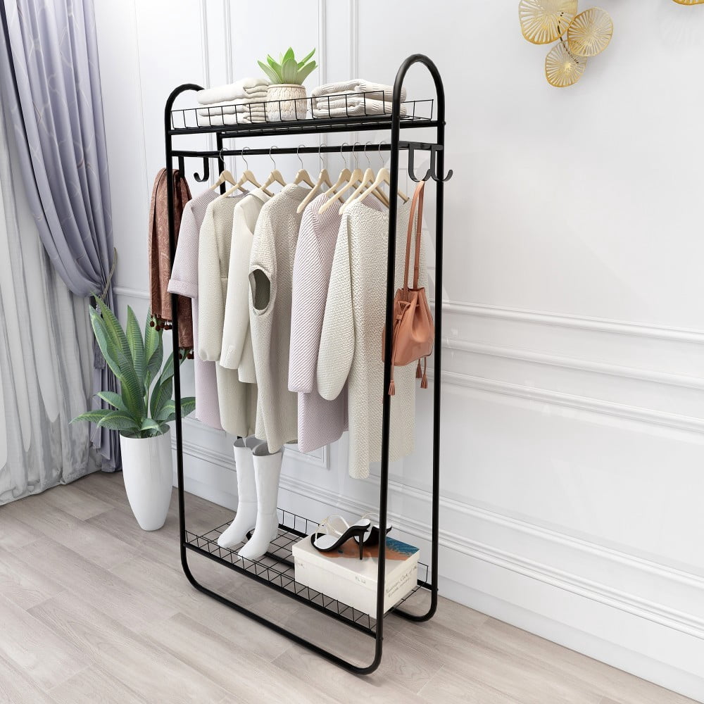 Heavy Duty Garment Rack, Freestanding Metal Clothes Rack with Double Shelves, 200 lbs Capacity, Portable Rolling Clothing Rack, Black