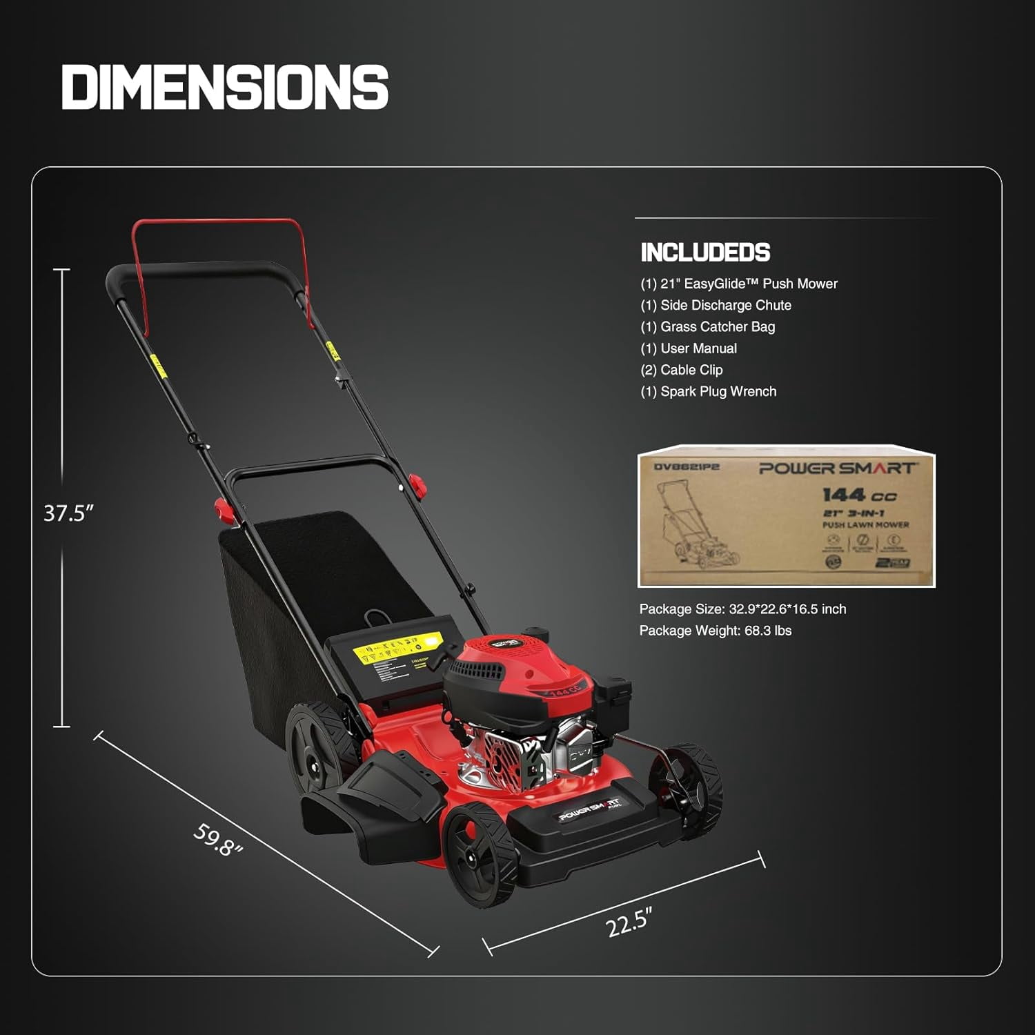 PowerSmart 144CC Engine Gas Push Lawn Mower, 21 inches Cutting Blade, 6-Position Height Adjustment