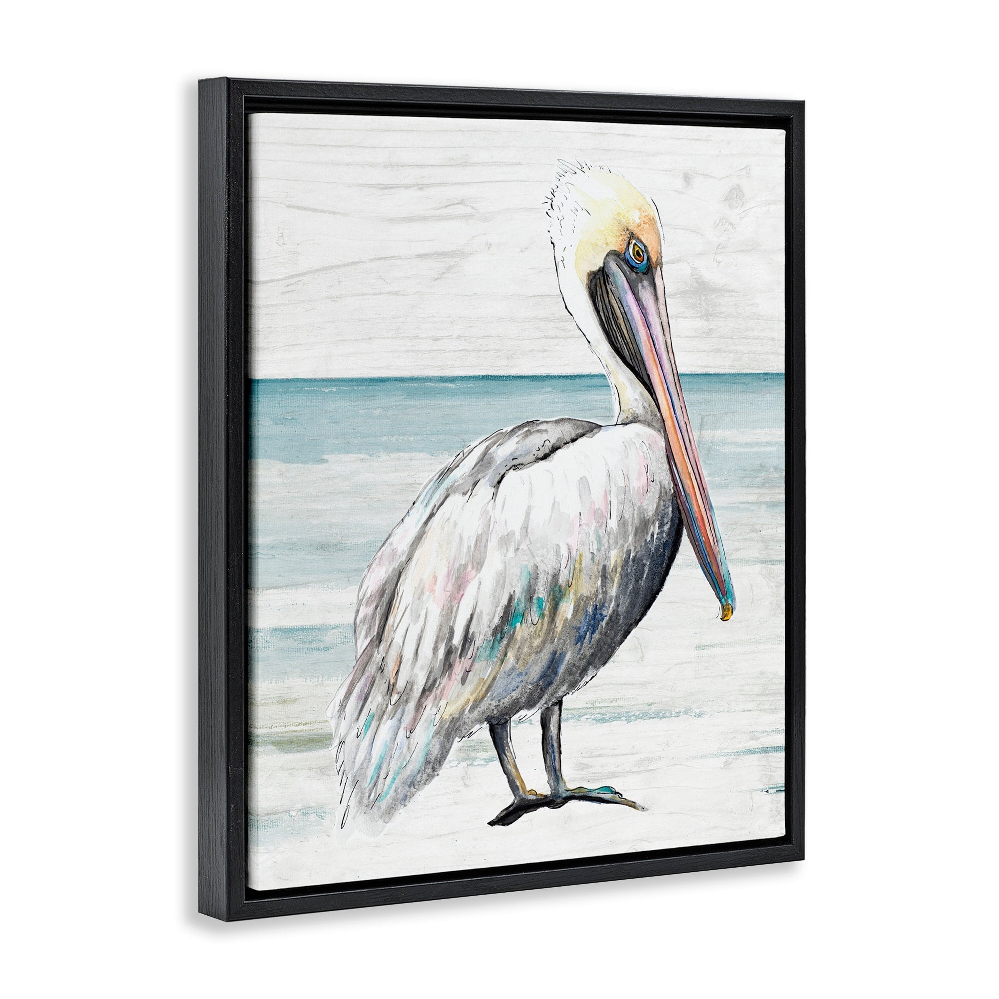 Stupell Industries Rustic Pelican Bird Beach Shoreline Portrait Graphic Art Jet Black Floating Framed Canvas Print Wall Art, Design by Patricia Pinto