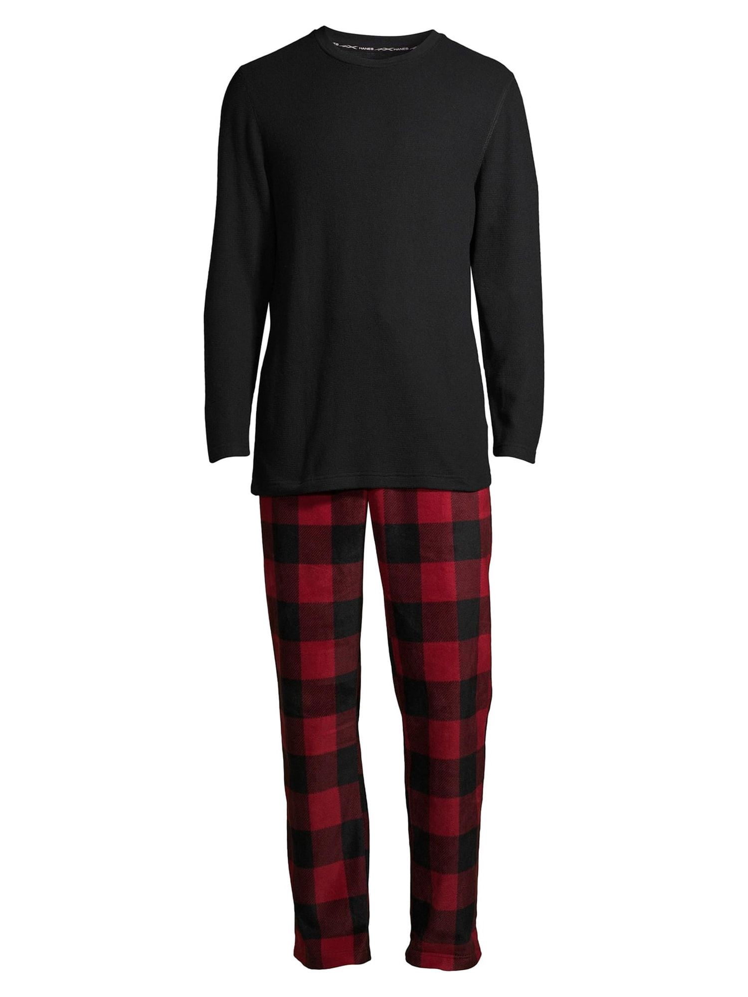 Hanes Men's and Big Men's Long Sleeve Waffle Sleep Top with Cozy Fleece Pajama Pants