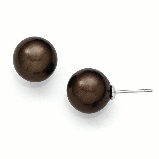 925 Sterling Silver 12 13mm Brown Simulated Shell Pearl Stud Earrings Ball Button