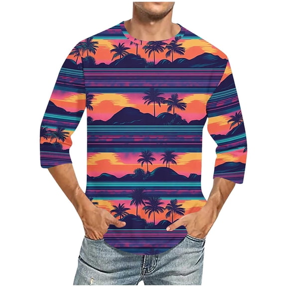 SGFCWSX Men's 3/4 Sleeve T-Shirt, Casual Graphic Print Crewneck Beach Tee for Men Purple Size XL