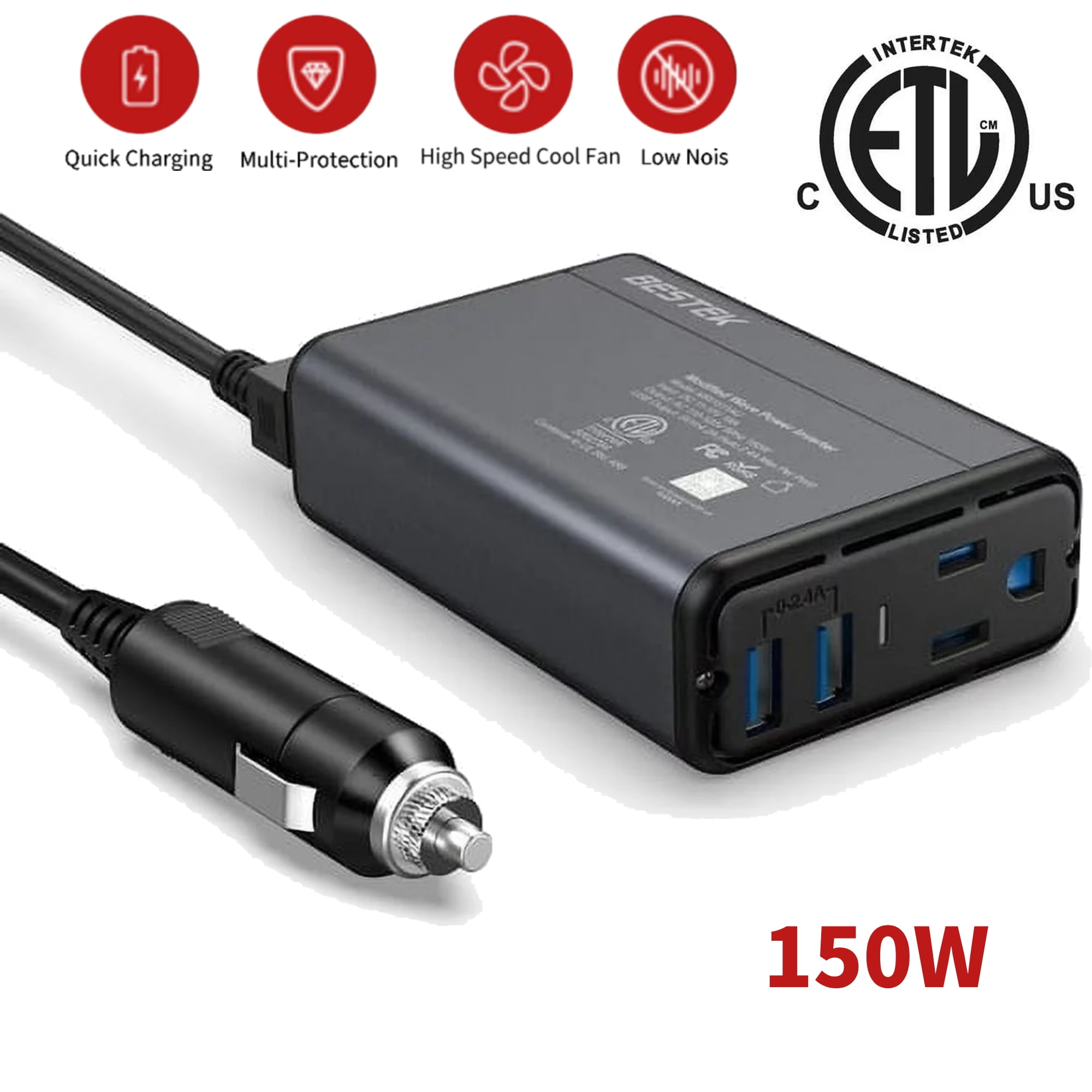 BESTEK 150W Power Inverter DC 12V to 110V AC Converter 4.2A Dual USB Car Adapter, Thinner Design with ETL Listed, Grey/Black