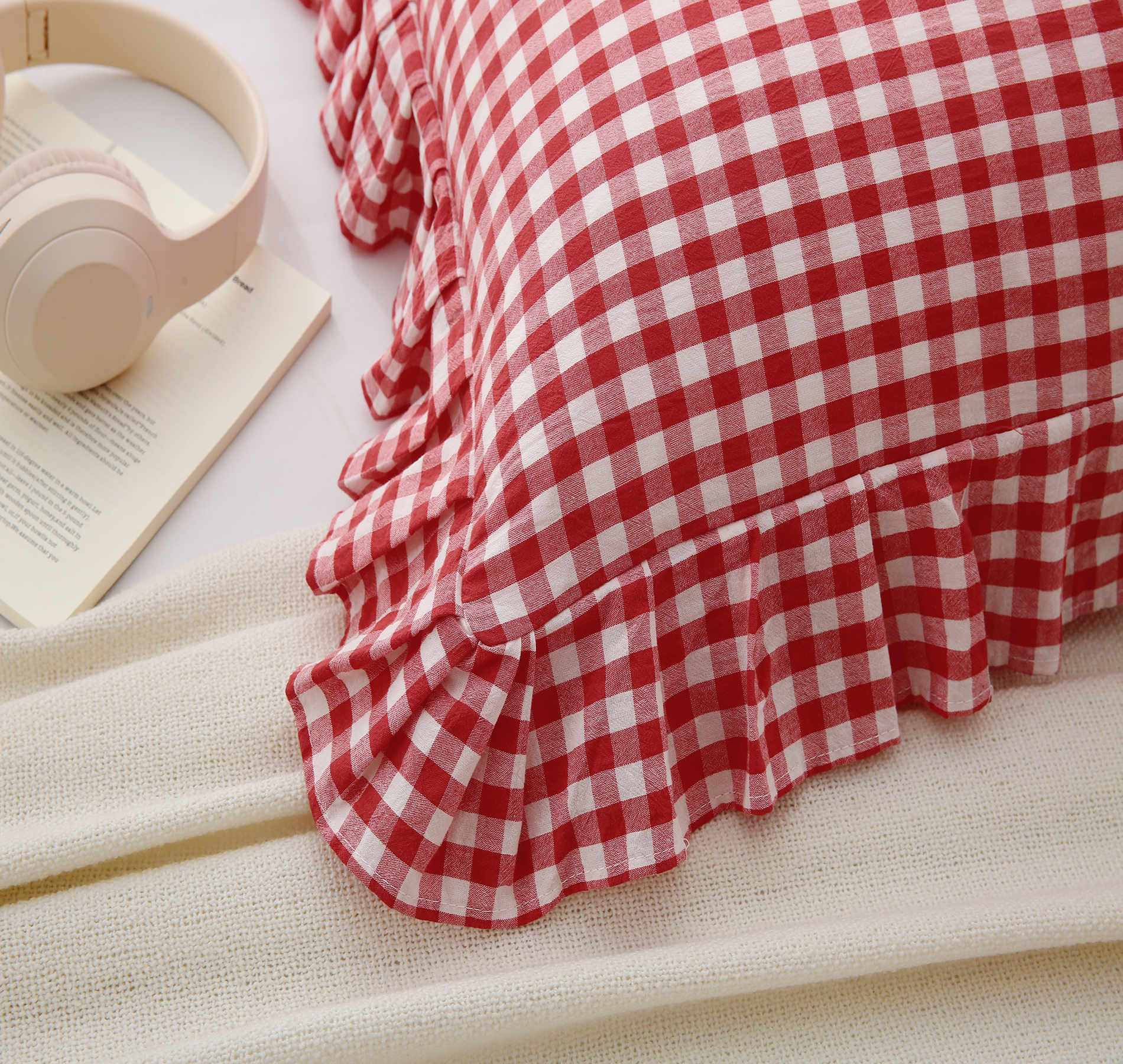 Red White Plaid Euro Pillow Shams with Ruffles Checkered Pillowcases Gingham Pillow Cases Washed Cotton Farmhouse Cottage Pillow Covers for Bed/Sofa(26X26inches,Red/White Plaid) 2 Pack