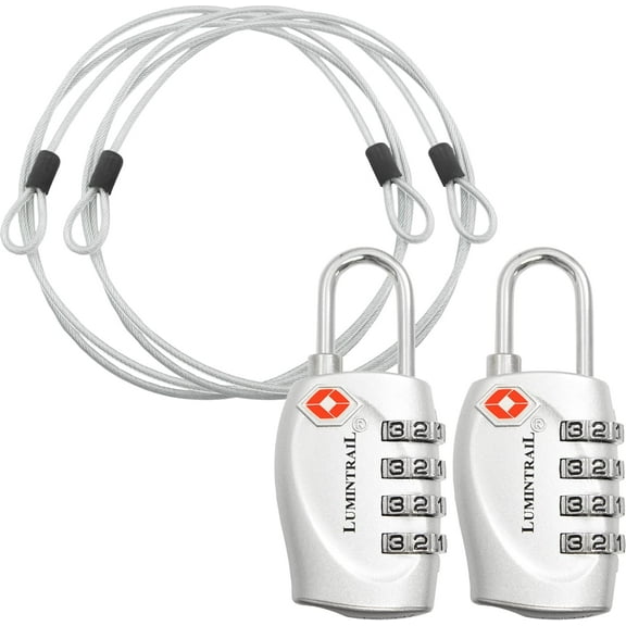 Lumintrail TSA Approved Locks, 4 Digit Combination Luggage Locks TSA Approved, Travel Locks for Luggage & Suitcase with 4-FT Steel Cable, Silver, 2 Pack