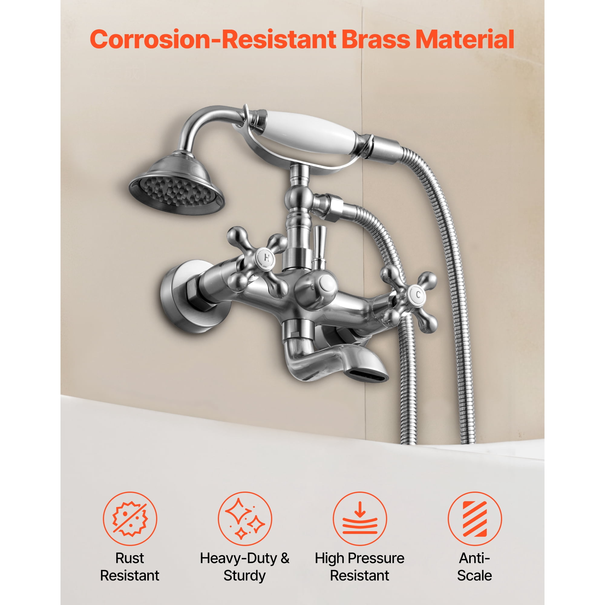 KFFKFF Wall-Mount Clawfoot Tub Faucet with Handheld Shower, Brushed Nickel Finish, Vintage-Style Bathtub Filler with Adjustable Swing Arms and 360° Rotating Spout