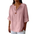 thumbnail image 2 of Pink Womens Blouses Linen Shirt for Women Summer Cotton and Linen V Neck 3/4 Sleeve Top Loose Holiday Beach Shirt Tunic Top Ladies Tops and Blouses, 2 of 6